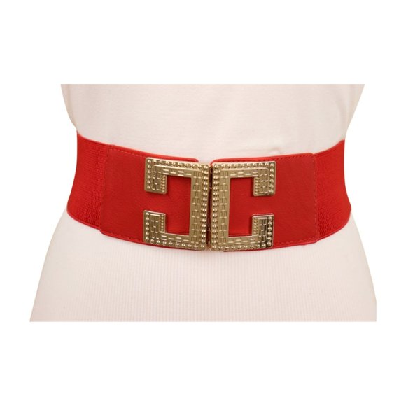 Women Red Elastic Hip High Waist Fashion Belt Big Gold Metal C Buckle Size S M - Picture 10 of 17